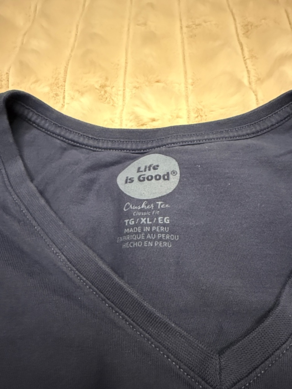 Life Is Good Navy V‑Neck Short Sleeve Tee with Yellow Beer Graphic - Picture 2 of 7